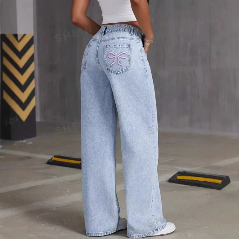 Fashion Retro Printing Bow Jeans Women'S Straight Leg Slim Fit Jeans Pants Baggy Y2K Jeans