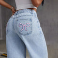 Fashion Retro Printing Bow Jeans Women'S Straight Leg Slim Fit Jeans Pants Baggy Y2K Jeans