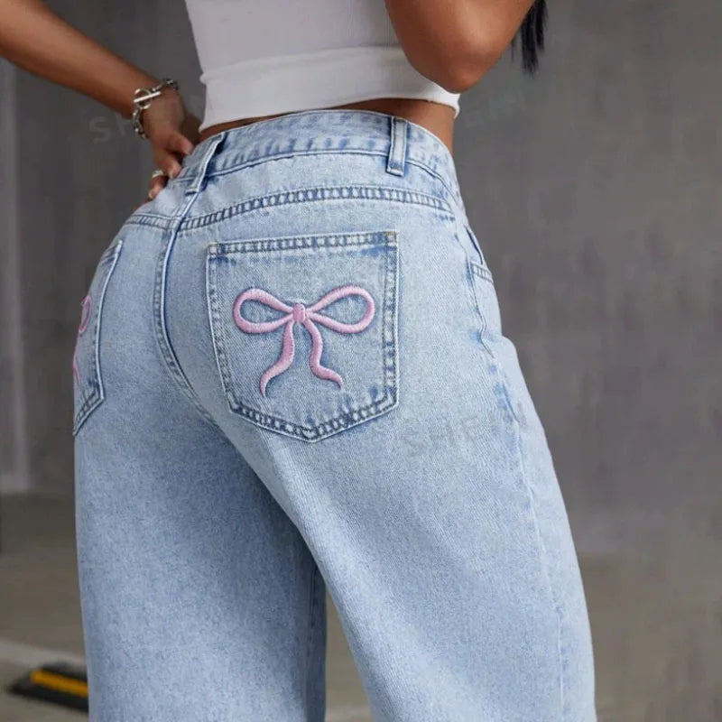 Fashion Retro Printing Bow Jeans Women'S Straight Leg Slim Fit Jeans Pants Baggy Y2K Jeans
